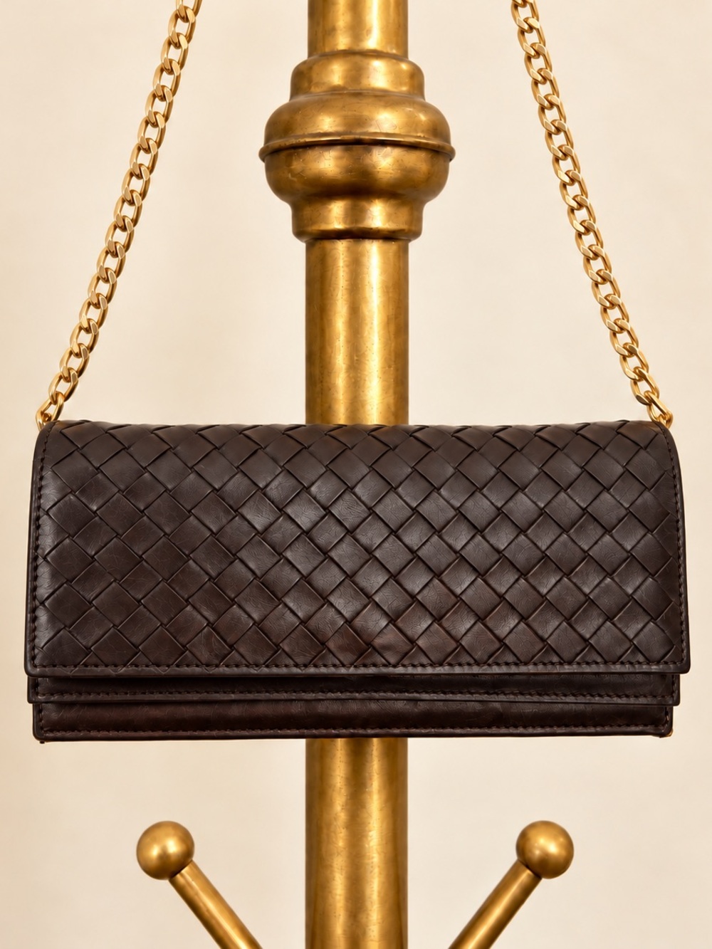 Bottega Veneta Dark Brown Intrecciato Wallet Purse with Gold-Tone Chain